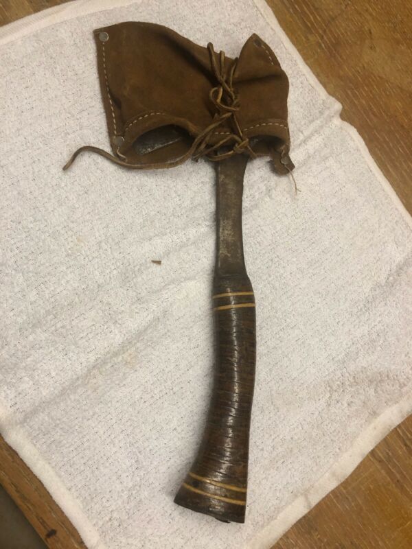 Vintage Estwing camp hatchet leather handle with Homemade Leather Sheaf