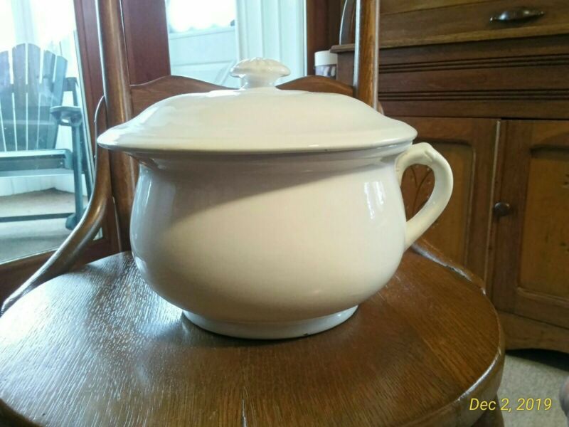 Ironstone Warranted China Chamber Pot with Lid, White, Antique