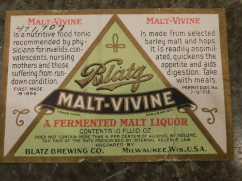 1930 s BLATZ MALT VIVINE MALT LIQUOR Brewing CO MILWAUKEE WIS 10 Oz 1930-s-blatz-malt-vivine-malt-liquor-brewing-co-milwaukee-wis-10-oz