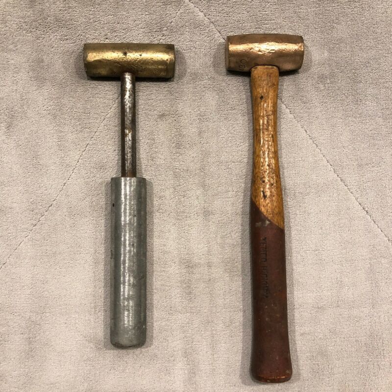 Lot of 2 VINTAGE BRASS BRONZE HAMMER WITH WOOD METAL HANDLE Antique