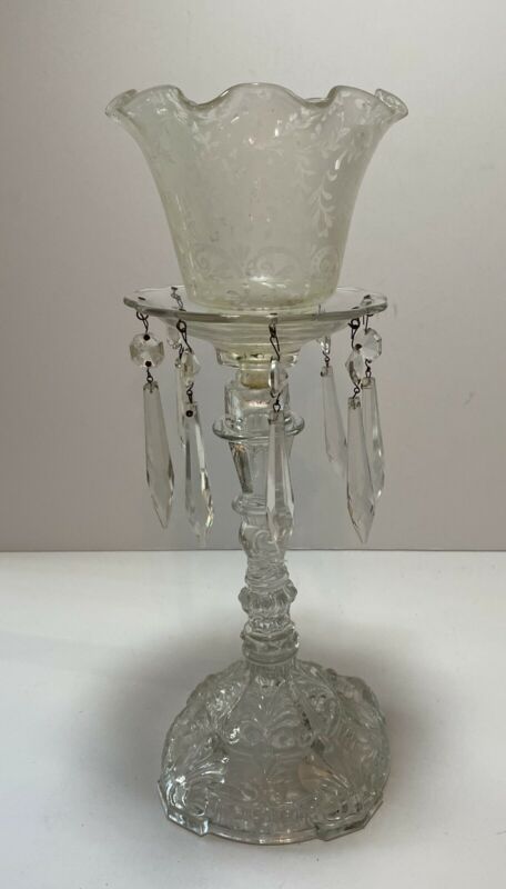 Vintage Depression Glass Candle Holder with Fluted Chimney and Crystal ...