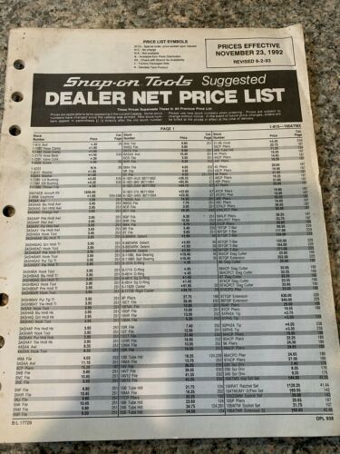 1990 Vintage Snap on Tools Dealer Net Price List Catalog Antique 