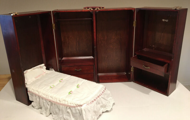18" AMERICAN GIRL DOLL VINTAGE WOOD WARDROBE FOLDING TRUNK MURPHY BED
