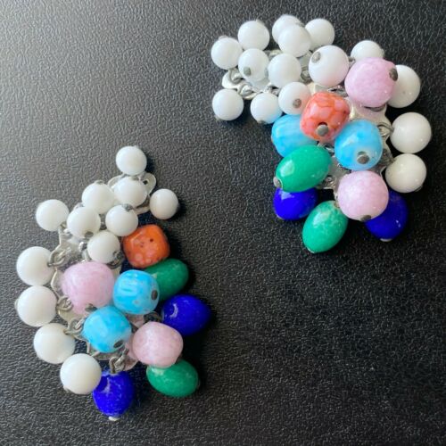 Vintage Coral Jade Lapis Milk Glass Cluster Bead Statement Clip ...