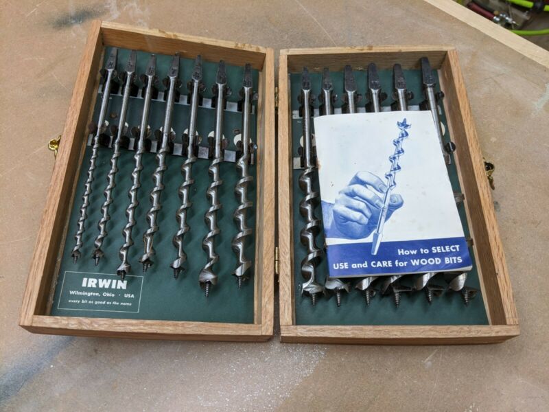 Vintage Irwin Hand Brace Auger Drill Bit Set In Very Nice Wood Borchest Box Antique Price 