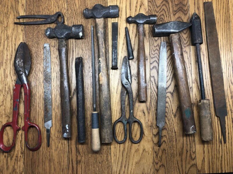 Vintage Lot 15 Large BLACKSMITH METAL TOOLS HAMMERS NIPPERS FILES Anvil ...