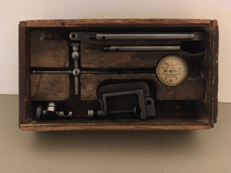 Vintage LS STARRETT 196 DIAL TEST INDICATOR SET, Wood Box W/ Dovetail