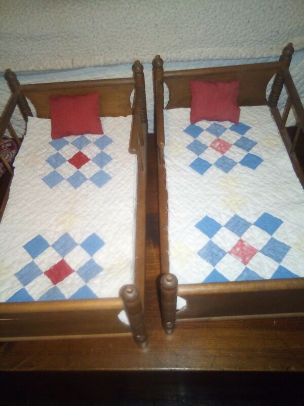 Vintage Wooden Doll Bunk Beds W/ Quilt, pillows, ladder Antique
