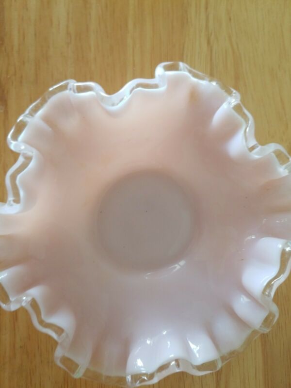 Vintage Fenton Candy Dish pink milk glass with clear ruffle trim vanity dish Antique Price