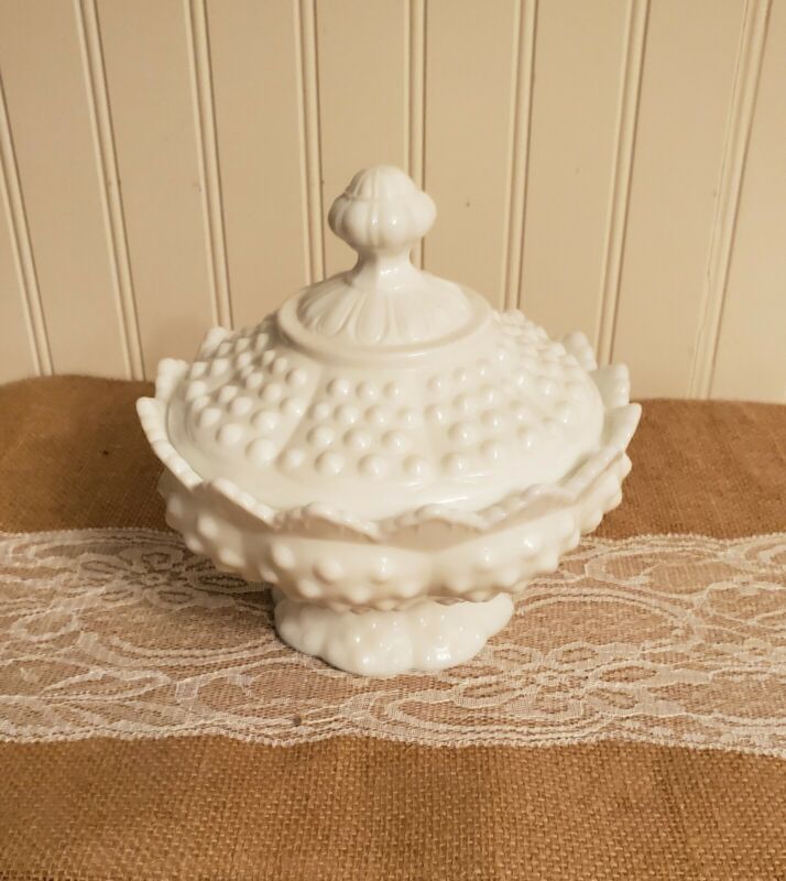 Fenton White Hobnail Milk Glass 6" Footed Candy Dish With Finial Lid