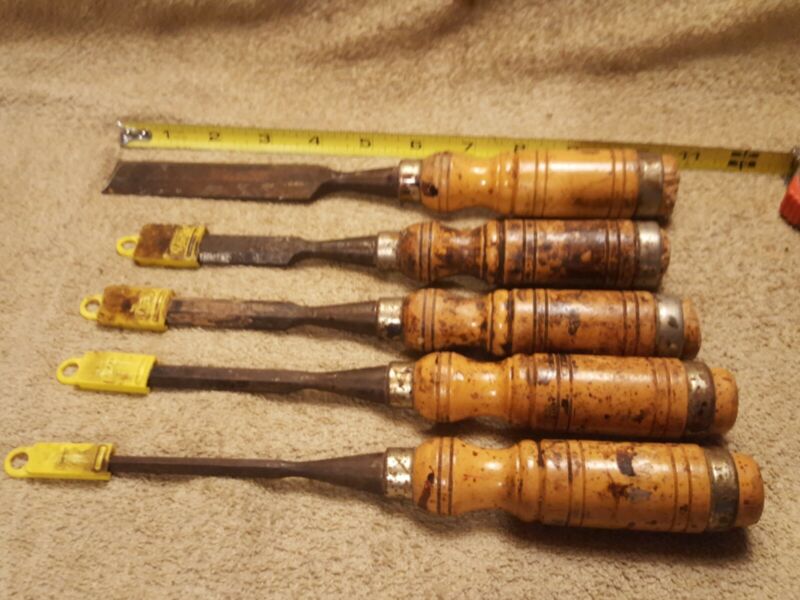 MIFER Vintage Lot of 5 Wooden Handled Assorted Wood Working Chisels