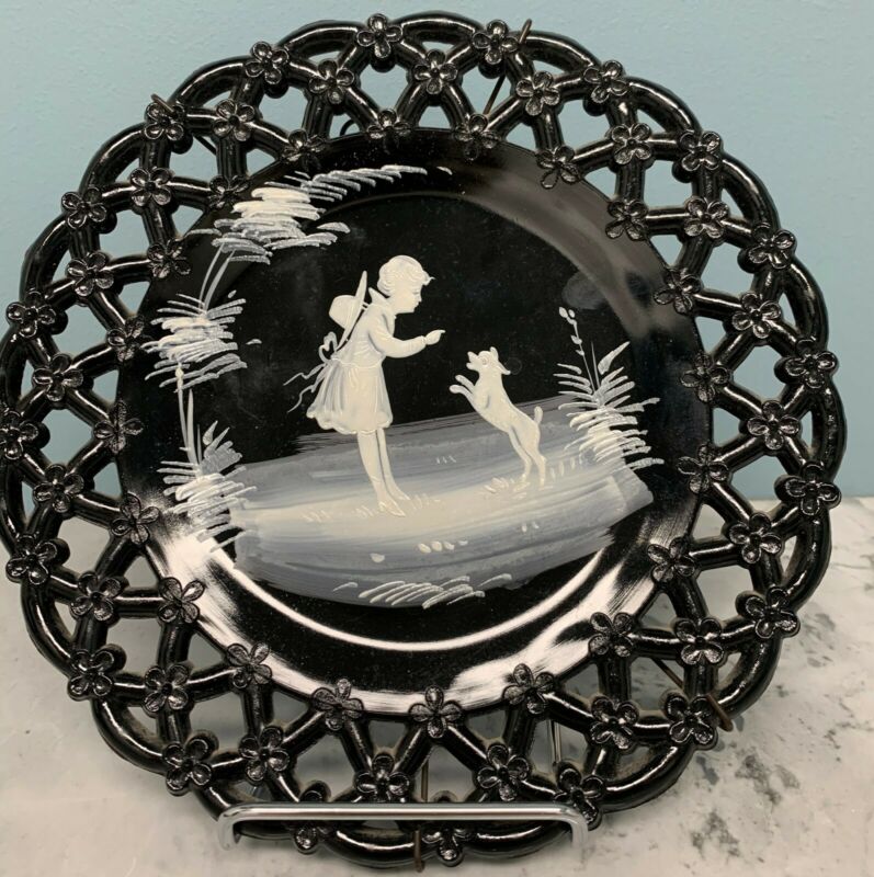 Vintage Westmoreland Glass Black Milk Glass Mary Gregory Hand Painted
