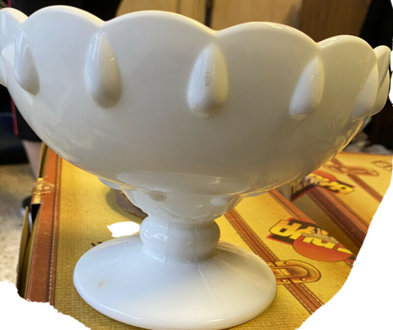 Vintage Milk Glass Pedestal Candy Dish Scalloped Design Antique Price Guide Details Page
