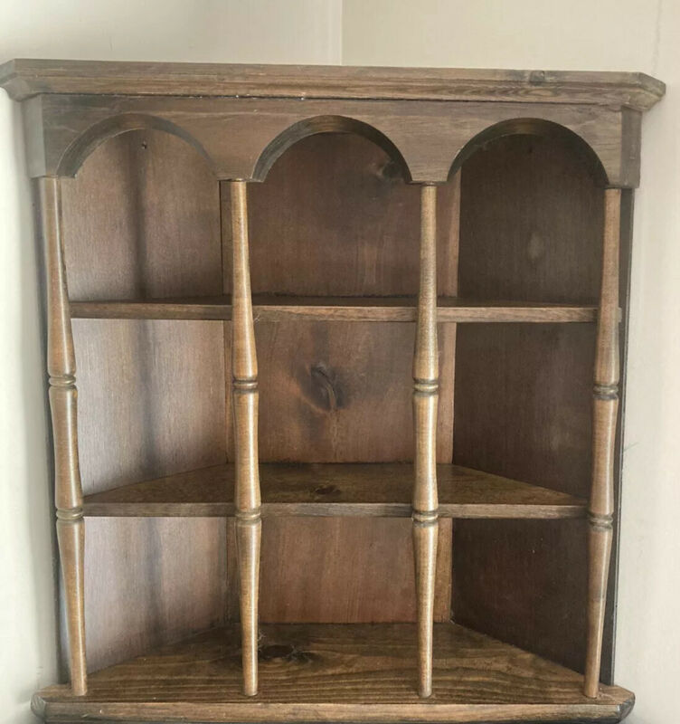 VINTAGE WOOD CORNER WALL SHELF KNICK KNACK DISPLAY PINE