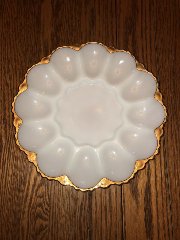 Vintage Anchor Hocking Milk Glass Deviled Egg Plate with Gold Trim