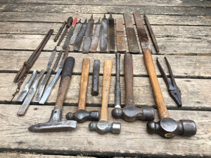 OLD USED VINTAGE TOOLS HAMMERS BALL PEIN COLD CHISELS METAL FILES