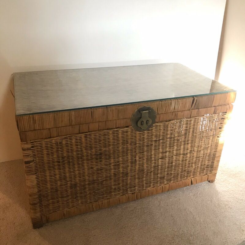 Vintage 70â€™s Wicker Trunk Coffee Table with Storage Thick Glass Top