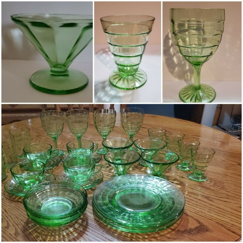 32 Pc VINTAGE GREEN URANIUM GLASS DINNERWARE SET -- Antique Price Guide ...