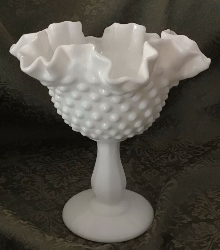 Vintage Fenton Hobnail White Milk Glass Ruffled Pedestal Bowl/Candy