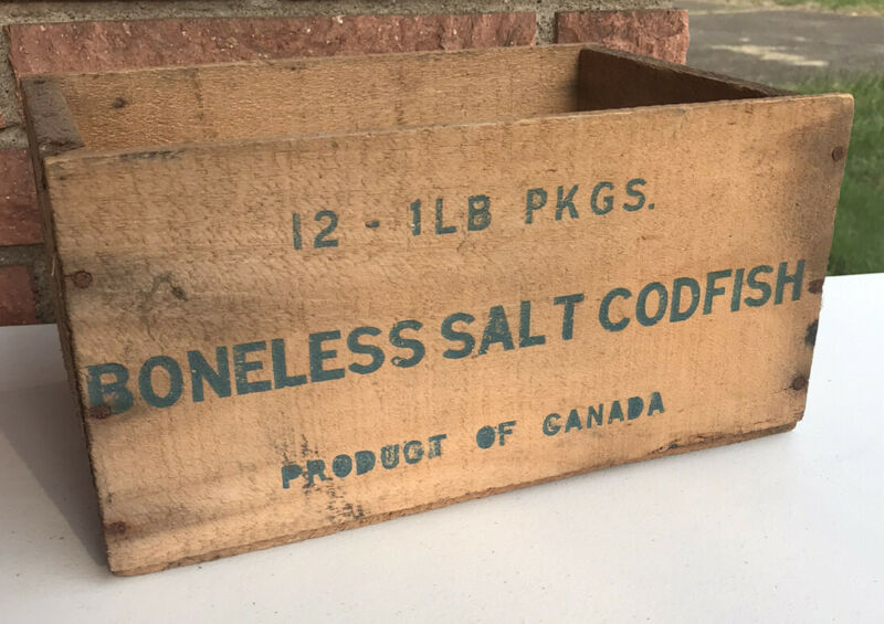 Antique Codfish Box Crate Canada Vintage Cod Fish Wood Old Case Store