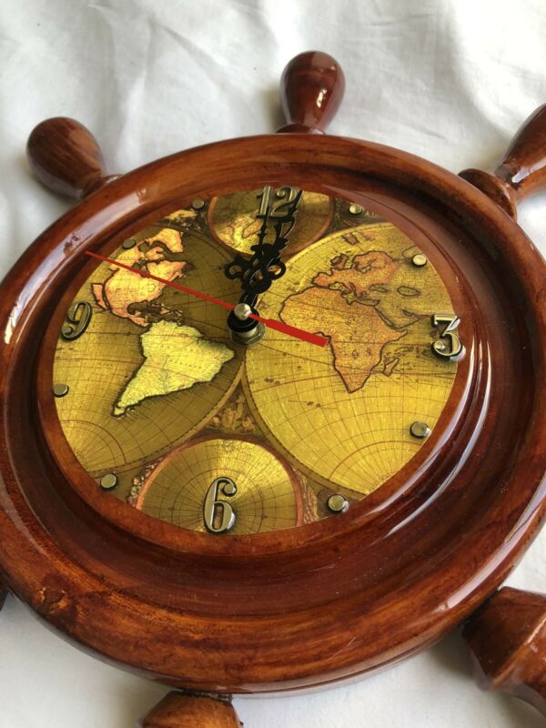 Boat Ship Captains Nautical Porthole Wall Wood Clock Watch Steering