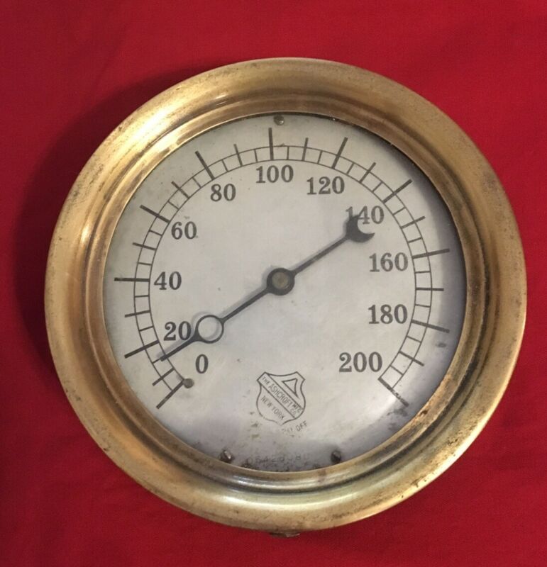 Vintage Large Ashcroft Pressure Gauge 200 Pound Brass Bezel & Cast Iron
