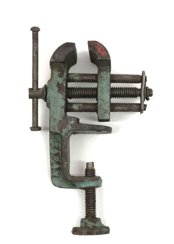Vintage Green Miniature Vise Small Jewelers Hobby Clamp On Table Cast