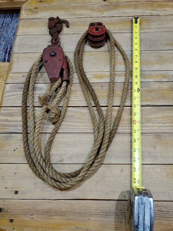 Antique Vintage Block and Tackle Double Pulley Rope Grips Fence