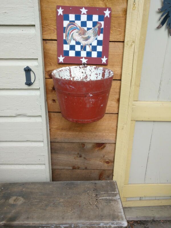 Antique Vermont Wood Maple Syrup sap bucket pail original red & paint