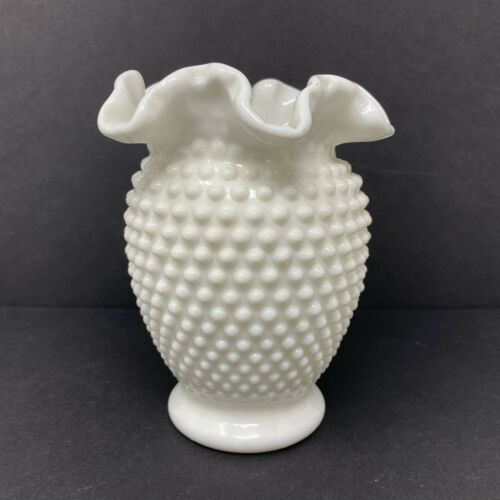Vintage Fenton White Milk Glass Hobnail Ruffled Edge Vase Antique