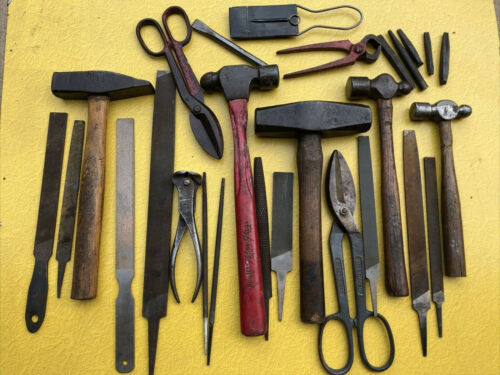 Vintage Lot 28 Large BLACKSMITH METAL TOOLS HAMMERS NIPPERS FILES PLUMB ...