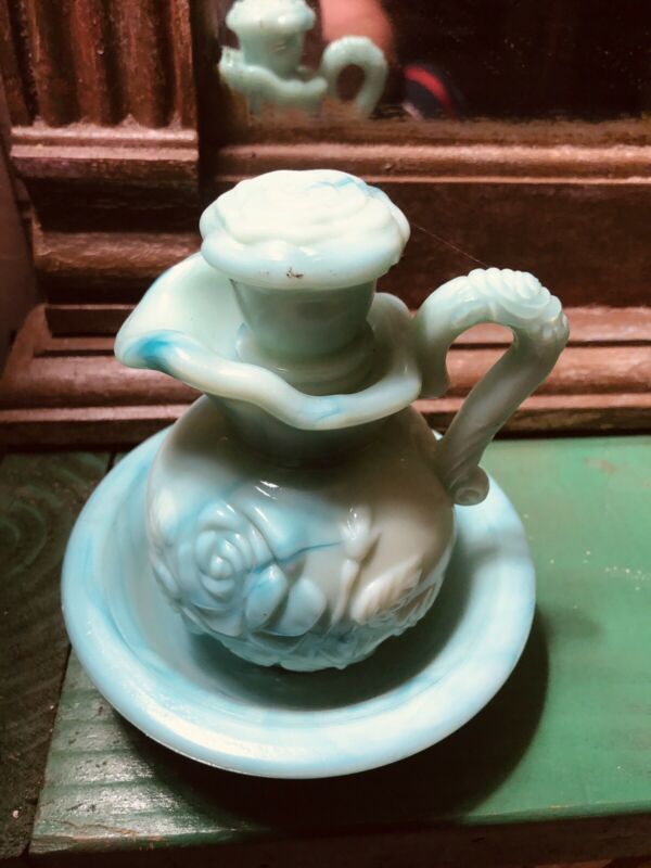 Vintage 1970''s Avon blue-green Milk glass Pitcher and Bowl perfume ...