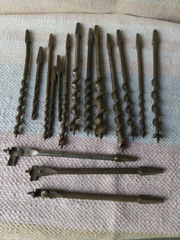 Lot of 16 VINTAGE Woodworking Tools Brace Bit Hand Drill Auger Drill