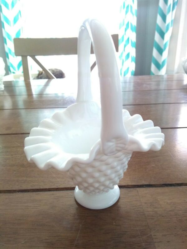 Vintage Fenton Glass Basket Milk Glass Hobnail Ruffled Edge 6" Signed