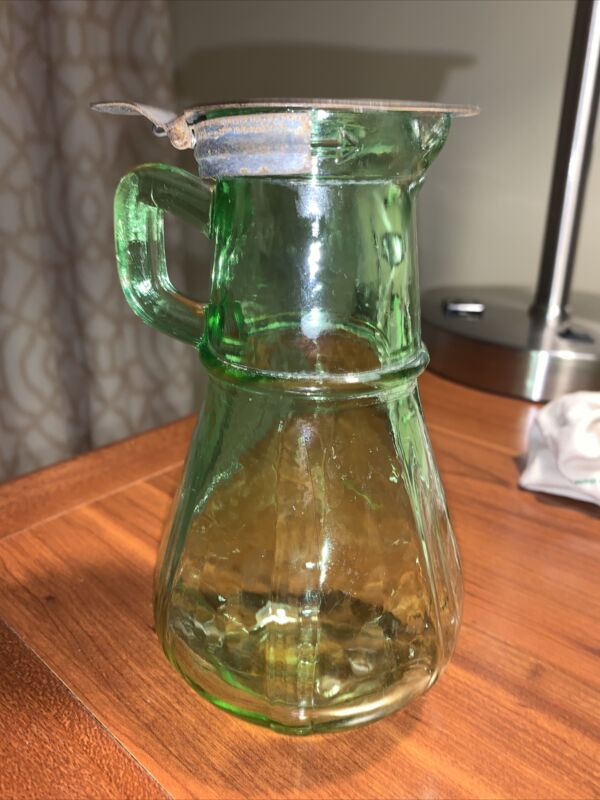 Vtg Hazel Atlas Green Depression Uranium Glass Syrup Pitcher With Metal