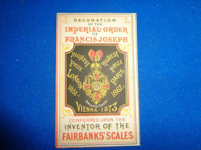 VICTORIAN TRADE CARD, 1873 FAIRBANKS STANDARD SCALES VIENNA Antique