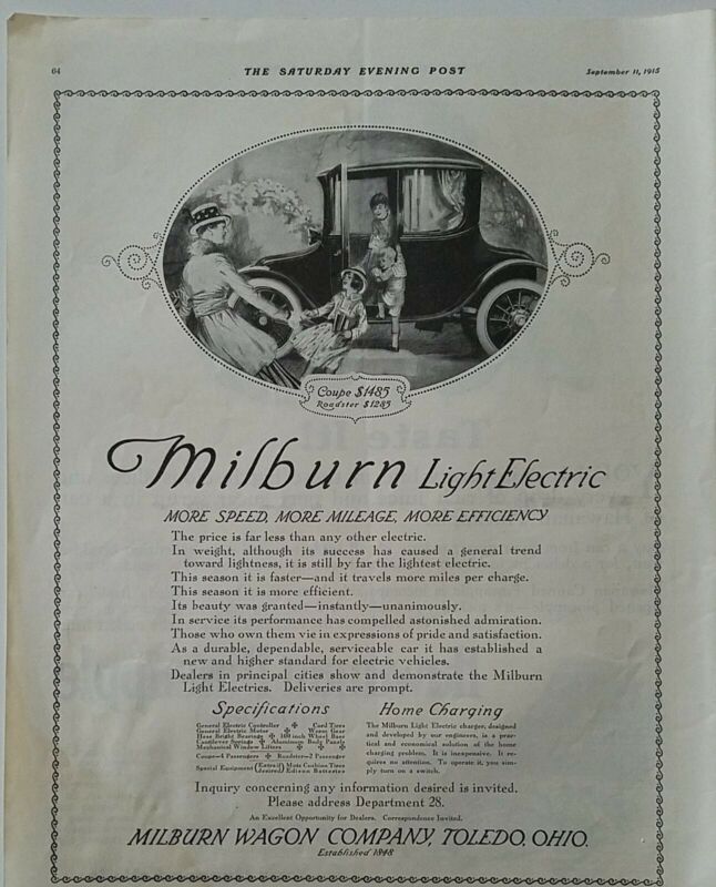 1915 Milburn wagon company Light Electric coupe car vintage original ad