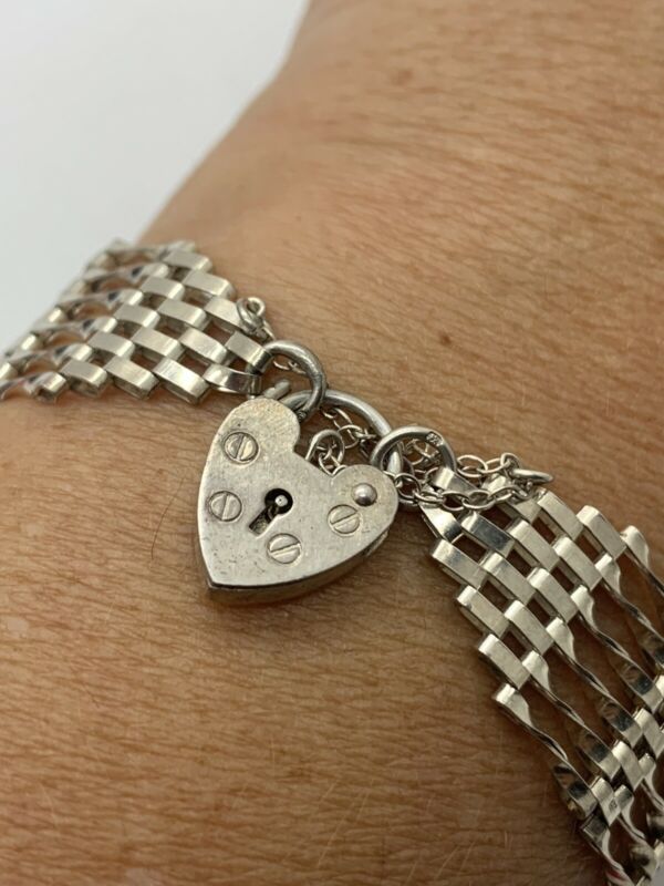Vintages 1980s 6 Bar Sterling Silver Gate Bracelet With Heart Padlock