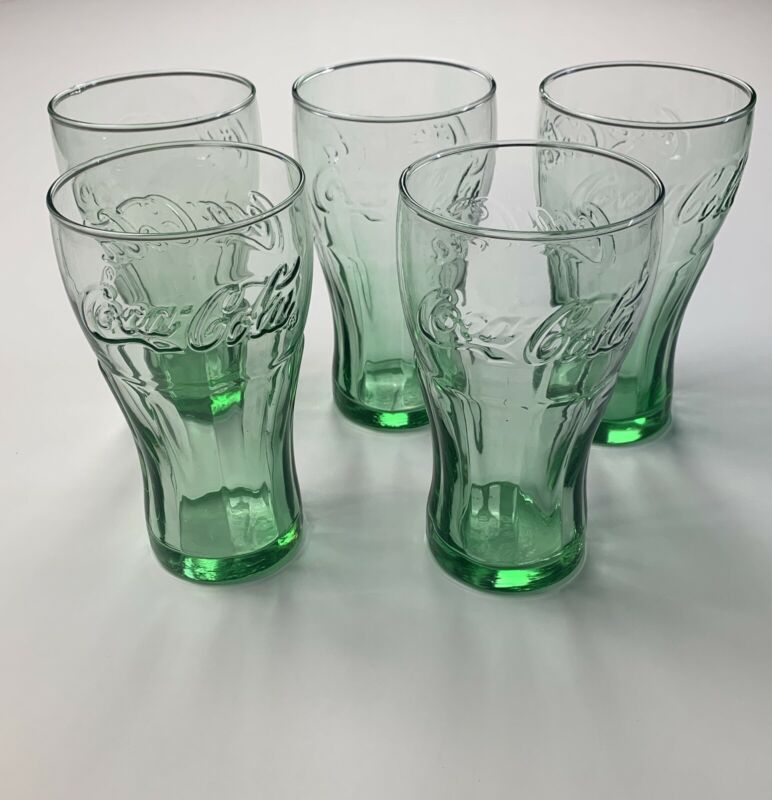 Lot of (5) Coke Glass Genuine Coca-Cola Green Large 6" Tall Glasses Cup
