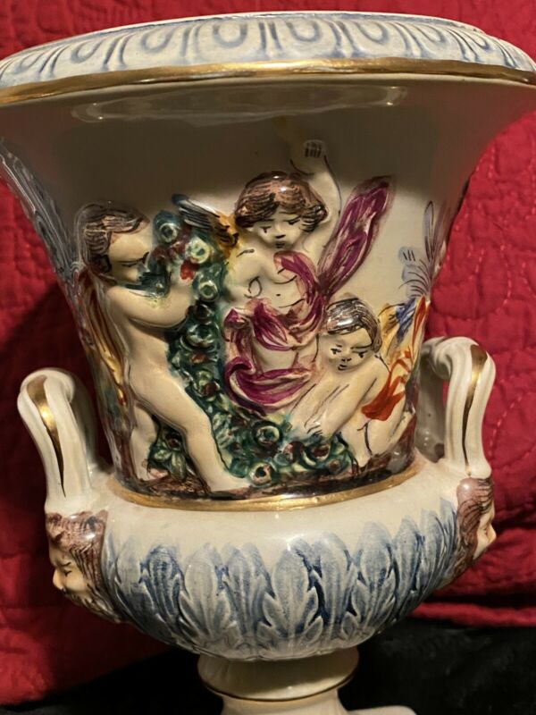 Vintage Capodimonte Italy Small Raised Painted Cherubs Vase Urn