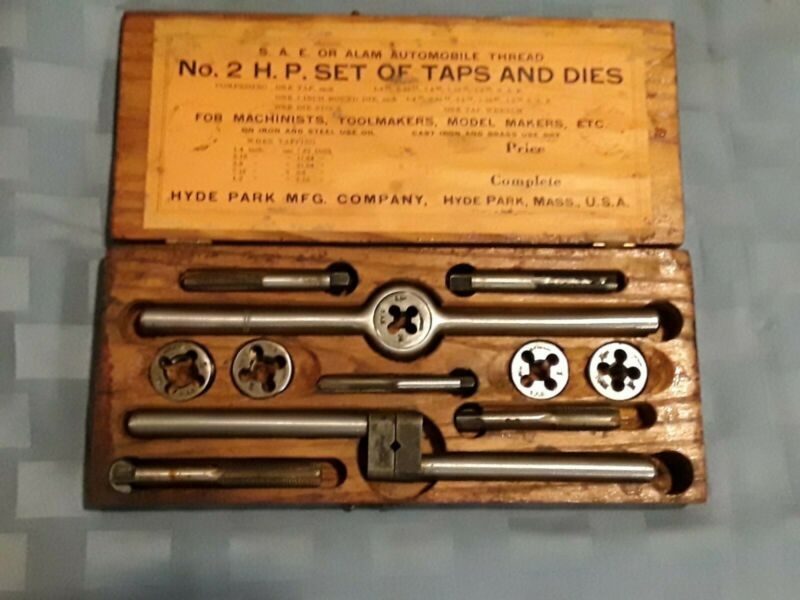 Vintage No. 2 H.P. Set of Taps and Dies In Box. Hyde Park MFG. SAE or