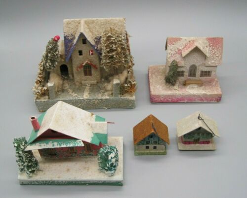 5 Vintage Paper Christmas Village House Cardboard Ornament Putz Japan ...