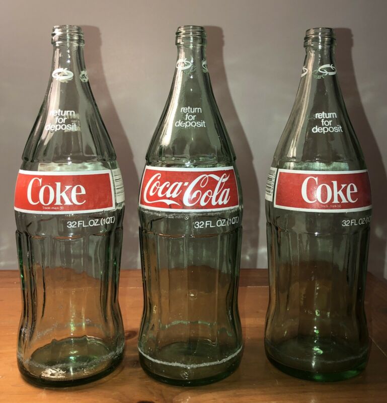 Vintage Coke Coca Cola 32 Ounce 1 Quart (Empty) Bottles No Cap Lot of 3