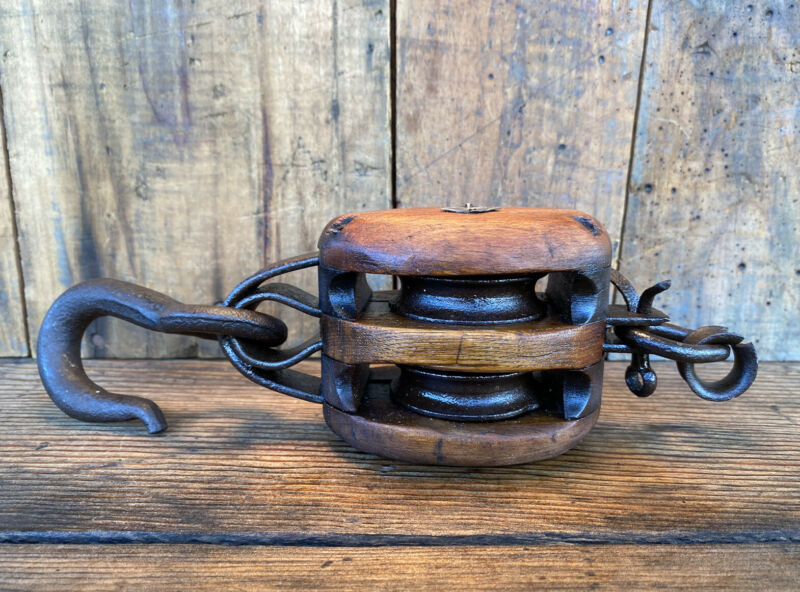 Vintage Cast Iron and Wood Double Block and Tackle Pulley Vintage