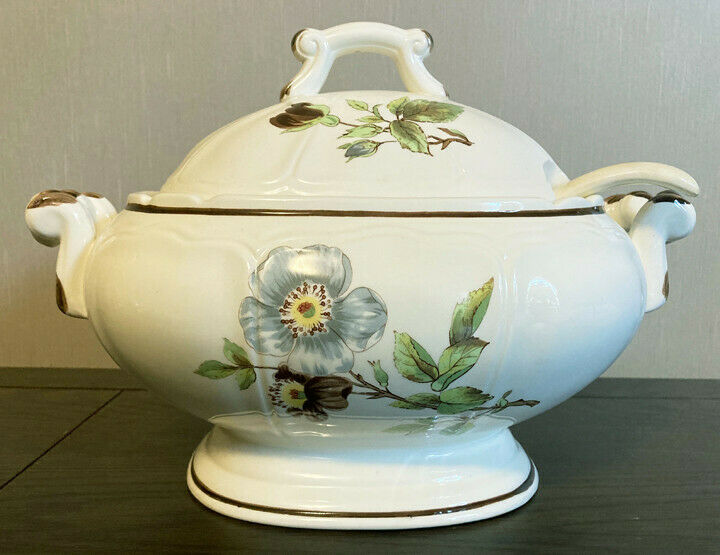 Sangostone Blue Flowers Handled Soup Tureen with Lid and Ladle