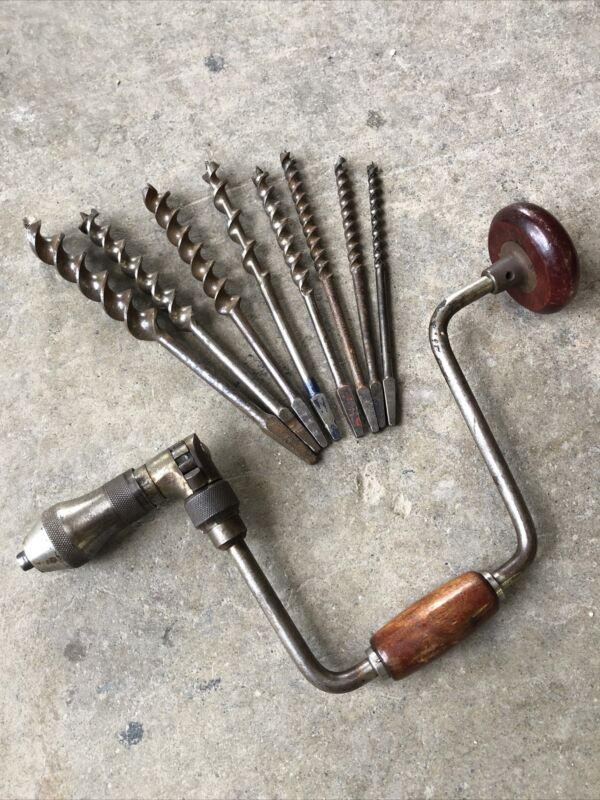 VINTAGE WORKING "MOORE BROS XXX Made In USA" BRACE DRILL And Bits