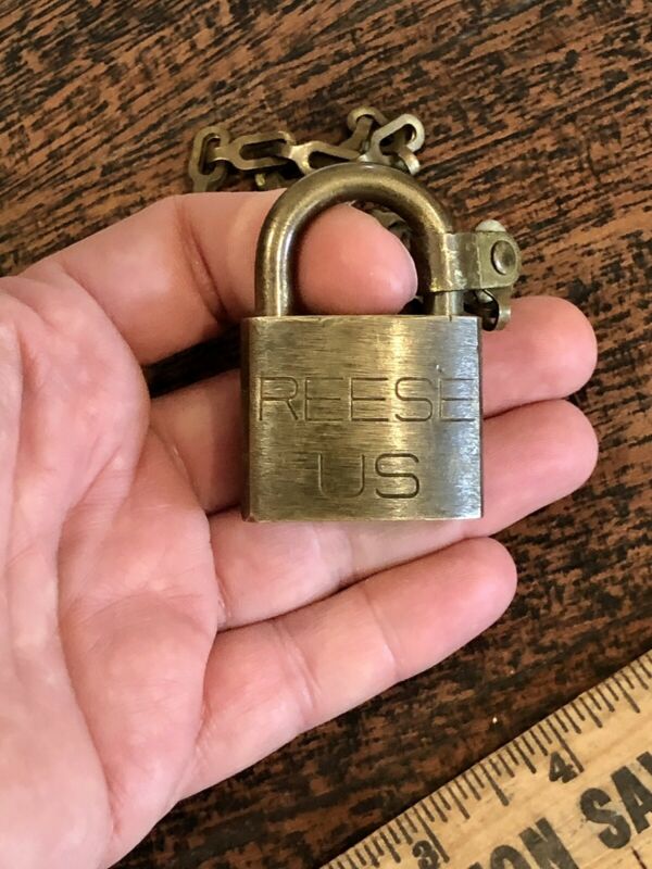 Vintage REESE U.S. Military BRASS Padlock LOCK with Chain No Key