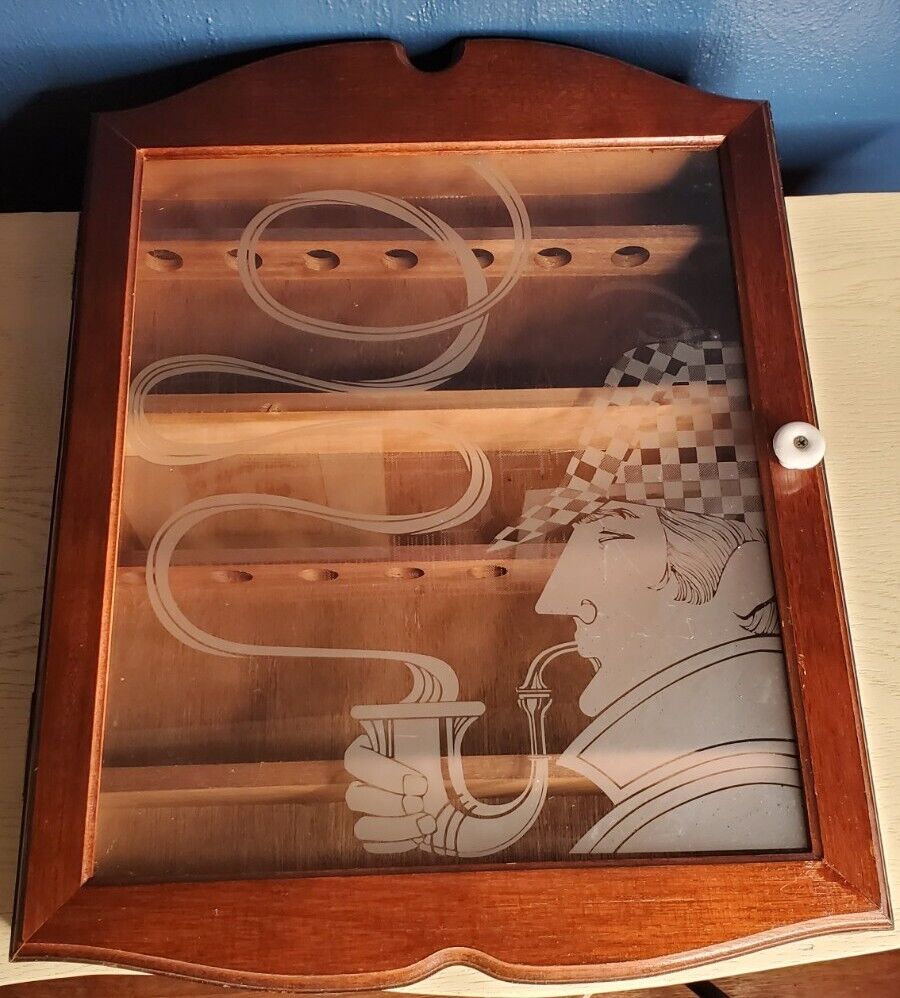 Vintage Wood and Glass Wall Tobacco Pipe Display Case Sherlock