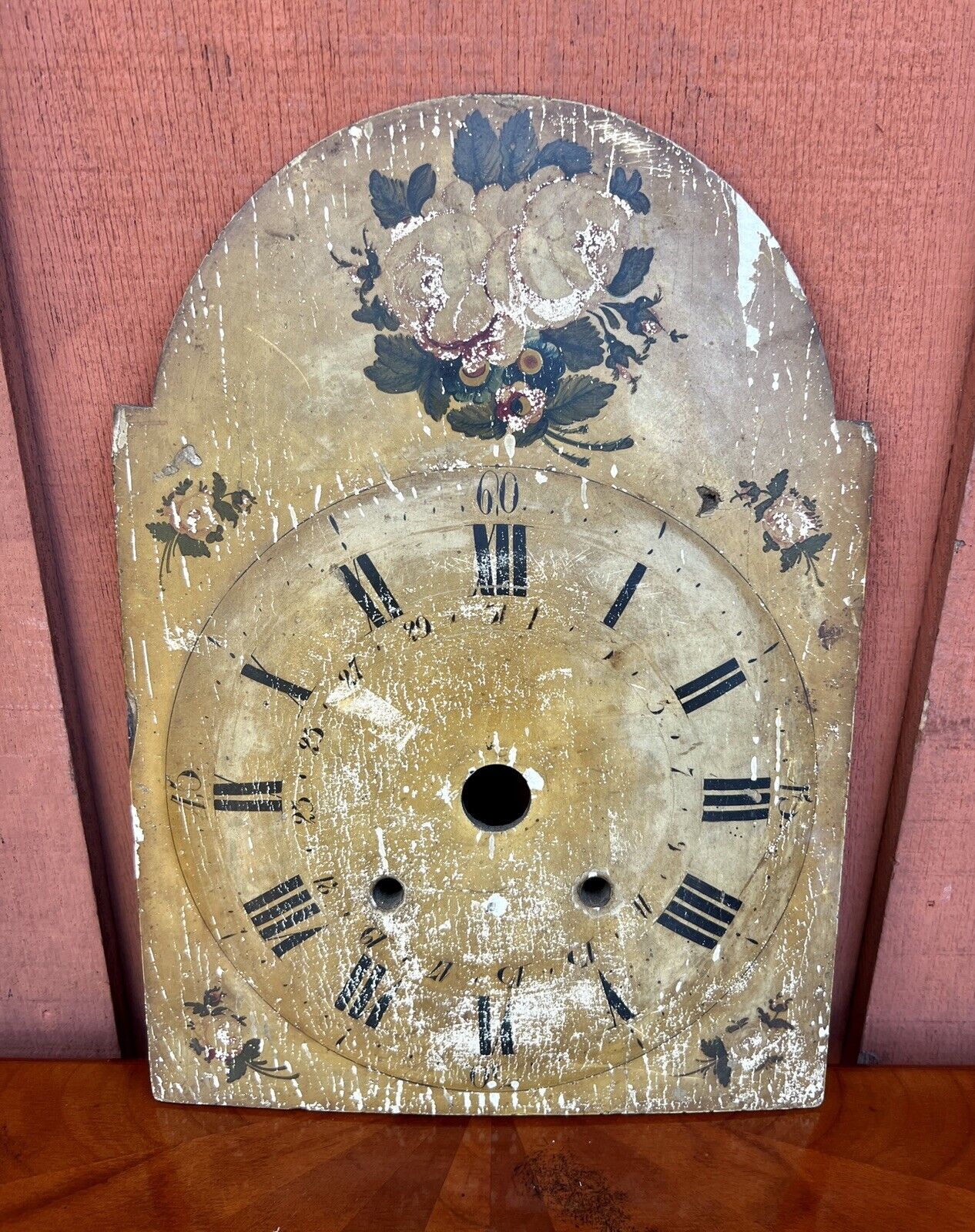 Antique Hand Painted Wooden Grandfather Clock Face Floral Motif