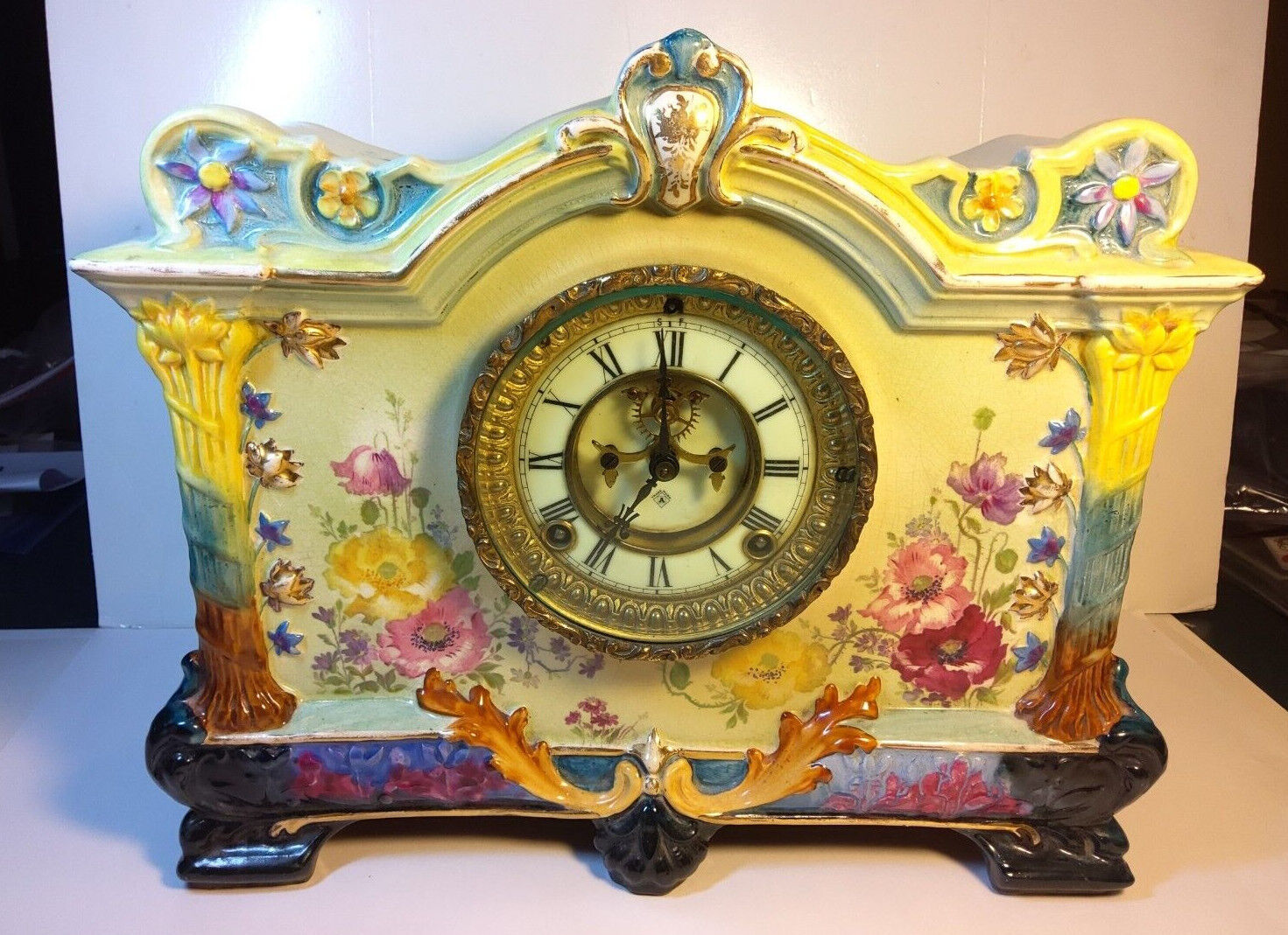 Antique ANSONIA 34La Palma34 Royal Bonn Porcelain Mantel Clock NICE ...